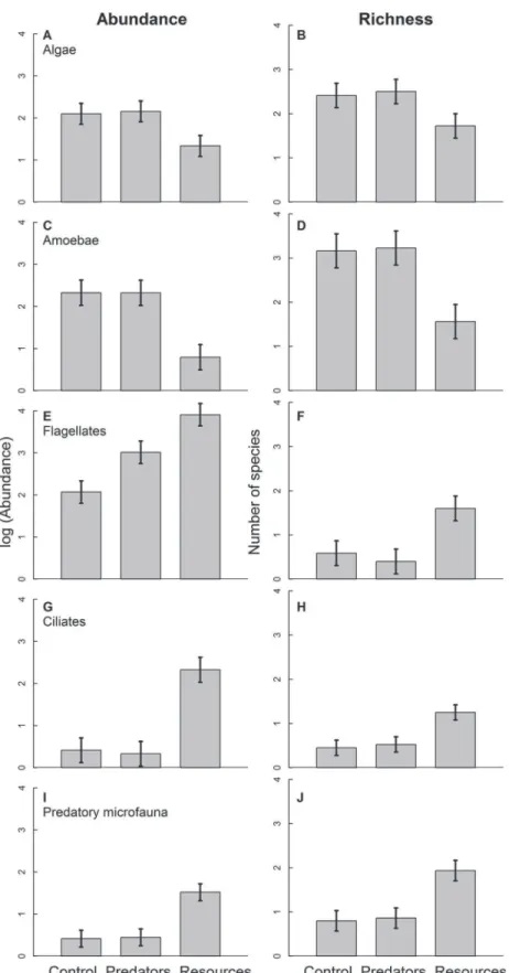 Fig 2. Mean log-transformed abundance and richness of algae (A, B), amoebae (C, D), flagellates (E, F), ciliates (G, H) and predatory microfauna (I, J)