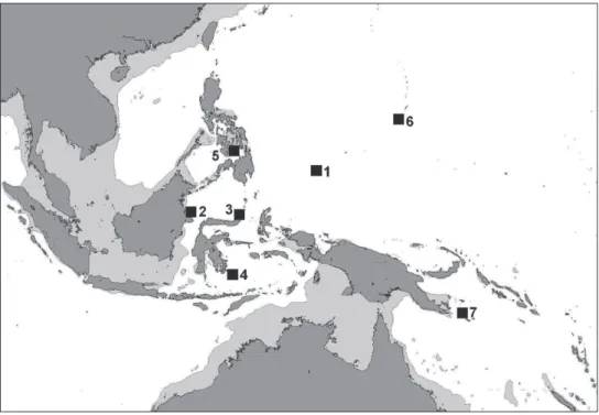 Figure 9. Distribution map of Leptoseris troglodyta sp. n. showing records at (1) Palau, (2) East Kalimantan,  (3) North Sulawesi, (4) Wakatobi, (5) Bohol, (6) Guam, (7), eastern Papua New Guinea.