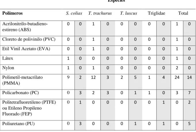 Tabela  3.10  –  Quantidade  e  tipologia  dos  polímeros  encontrados  e  identificados  nos  tubos  digestivos  dos  exemplares  amostrados  no  verão  e  no  inverno