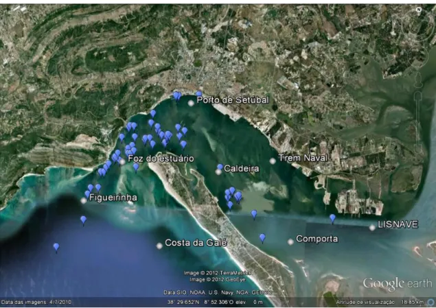 Figura  13-  Estações  de  ruído  ambiente  (pontos  cinzentos)  e  locais  de  gravação  do  ruído  introduzido  pelos  diferentes tipos de embarcação (balões azuis) (imagem obtida no Google Earth ) 