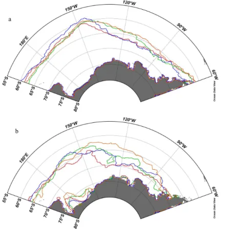 Fig. 3. The monthly average sea-ice extent from AMSR-E in (a) September, and in (b) De- De-cember for the four years: 2006 (red line), 2007 (blue), 2008 (green), and 2010 (orange)