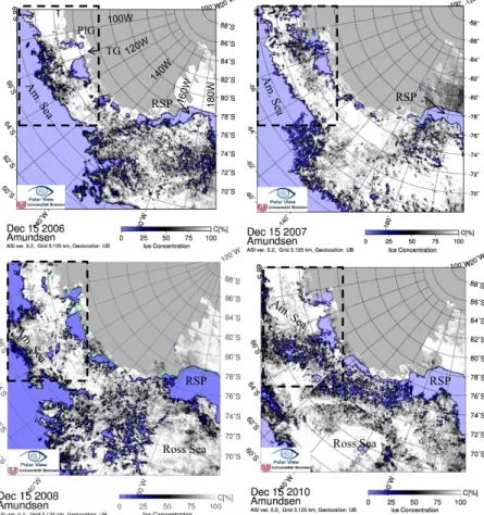 Fig. 4. The sea-ice concentration in 15 December for year, (a) 2006, (b) 2007, (c) 2008, and (d) 2010, downloaded from the Webpage of the University of Bremen, http://iup.physik.uni-bremen.