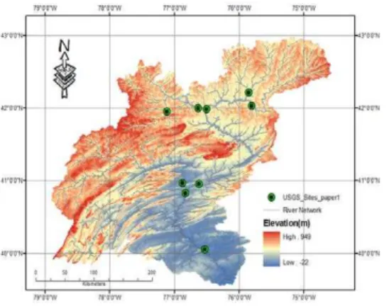 Figure 1. Study area (left panel) and precipitation product grids (right panel) over the Susque- Susque-hanna River Basin