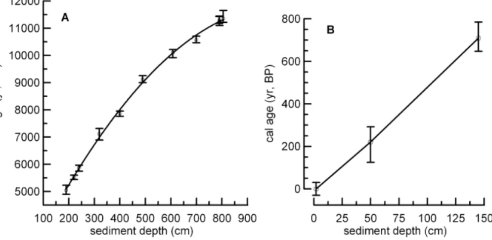 Fig. 2. Calendar age versus GeoB8332-1 sediment depth. Open circles, vertical bars, and lines indicate 14 C-based age model control points, uncertainty in the age model control points (2 σ ), and the final age model that is based on polynomial (A) and line