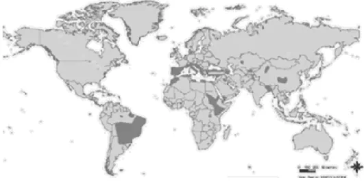 Figura  1  –  Distribuição  da  leishmaniose  visceral  a  nível  mundial.  As  áreas  endémicas  desta  doença  (Portugal  incluído)  encontram-se  assinalados  a  preto