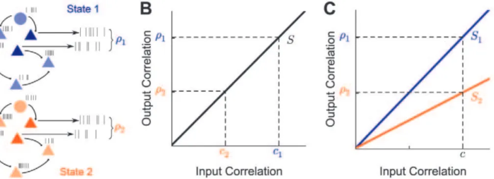 Figure 1. Mechanisms of correlation modulation. (A) The spike train correlation between a pair of neurons shifts from r 1 to r 2 as the state of pre-synaptic field shifts