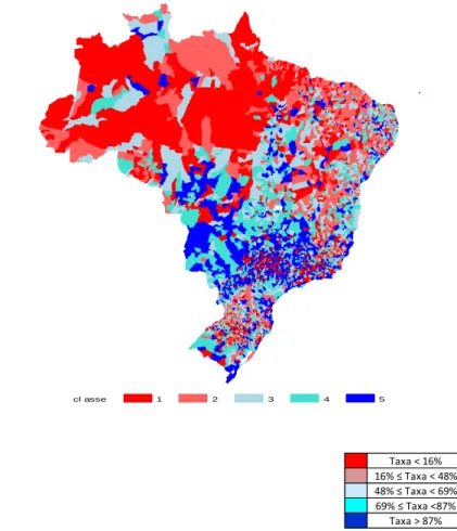 Figura  1  –  Mapa  do  percentual  de  atendimento  de  água  no  Brasil,  em  2007 cl asse 1 2 3 4 5 Taxa &lt; 16% 16% ≤ Taxa &lt; 48% 48% ≤ Taxa &lt; 69% 69% ≤ Taxa &lt;87% Taxa &gt; 87%