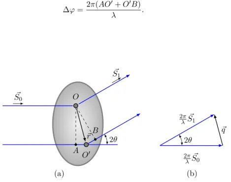 Figura 2.5: Espalhamento de Raios X em baixo ângulo. (a) Diferença de caminho óptico entre os raios difratados por duas regiões da amostra e (b) a definição do vetor de espalhamento ˛ q.
