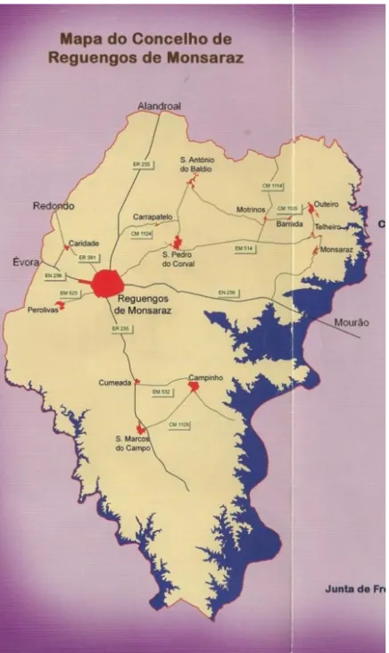 Fig.  1:  Folheto  Concelho  e  Cidade  de  Reguengos  de  Monsaraz.  Mapa  e  Informação  Turística,  s/d,  Câmara  Municipal  de  Reguengos  de  Monsaraz,  elaborado  por  Jorge  Albardeiro (reprodução reduzida e parcial)