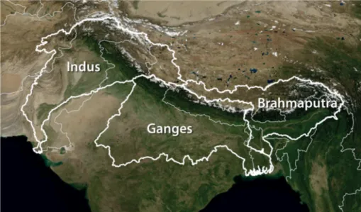 Figure 1. Map of the region, with the Indus, Ganges and Brahmaputra basins outlined in white.