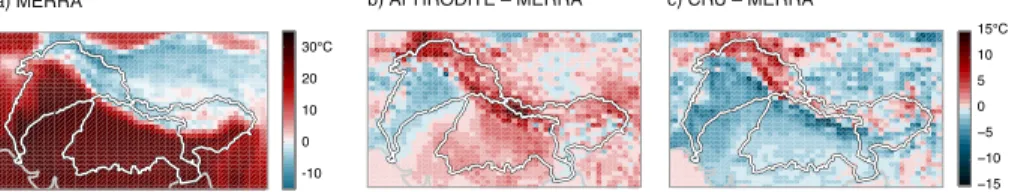 Figure 5. Di ff erence between MERRA temperature and observation-based data. (a) Annual mean MERRA temperature