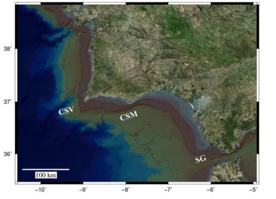Figure 1.1- Area of interest, isobath 25m, 50m, 200m, 1000m and 2000m. Cape São Vincent  (CSV) and Cape Santa Maria (CSM), Strait Gibraltar (SG).