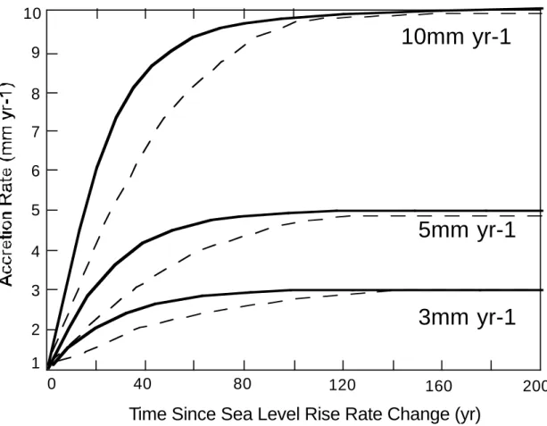 Figure 9. The response of modelled accretion rates to step changes in the rate of RSLR