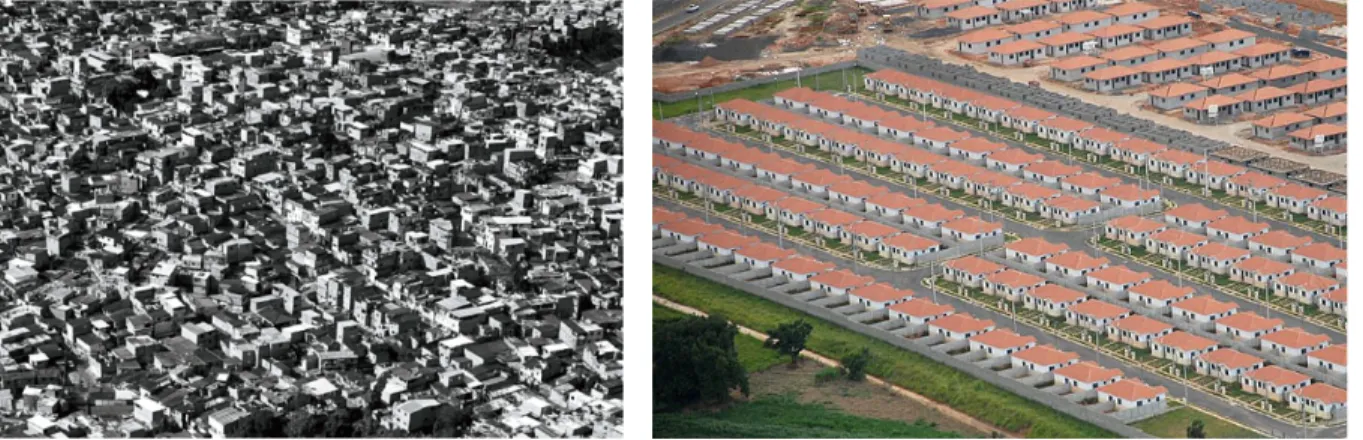 Figure 1. Diversity to repetition. Favela, São Paulo, Brazil; Programa Minha Casa Minha Vida,  Brazil (from: Google earth, www.casavivacorretora.com.br ) 