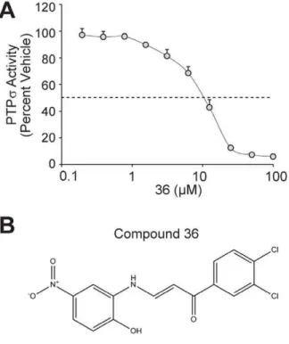 Figure 6. Compound 36 is a mM inhibitor of PTP s and binds the PTPs active site in silico