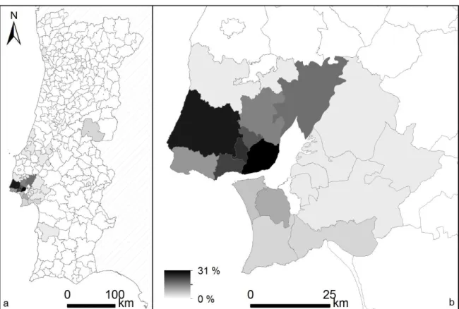 Figura 8. Identificação dos concelhos de residência dos inquiridos do PFM (a – Portugal Continental, b - Área Metropolitana  de Lisboa)