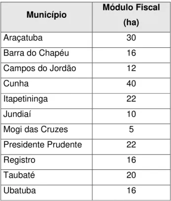 Tabela 4: Módulo Fiscal para alguns municípios do Estado 