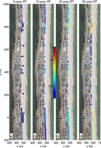 Fig. 11 Overwash maps of Faro Beach for storms with return period of 5 (a), 10 (b), 25 (c), and 50 years (d)