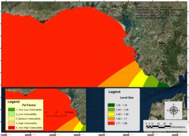Fig. 11. Map of the average rise of sea level factor, expressed in millimeters, in Gulf of Cadiz.