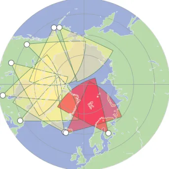 Fig. 1. The fields-of-view of the Northern hemisphere SuperDARN radars. The CUTLASS radars at Pykkvibær and Hankasalmi are shaded red.