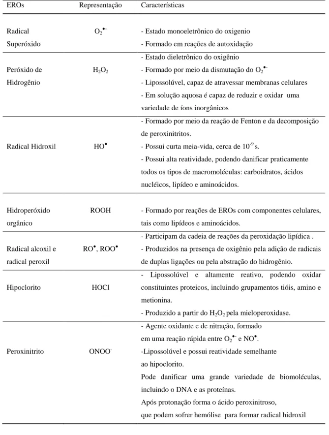 Tabela 2. Características de EROs biologicamente relevantes. Adaptado de Genestra, 2007.
