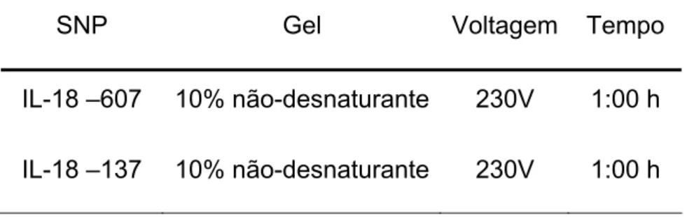 Tabela 6 - Condições específicas para eletroforese de cada SNP da IL-18. 