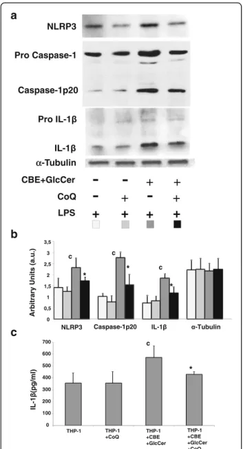 Fig. 8 Inflammasome activation in chemically-induced Gaucher macrophages. a Western blot analysis of NLRP3, caspase-1 and IL-1 β in control and chemically-induced Gaucher macrophages treated with CoQ (25 μ M) for 72 h