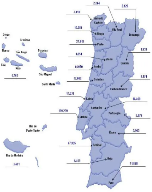 Figura 2. Brasileiros documentados por distritos (Fonte: SEF, 2010) 