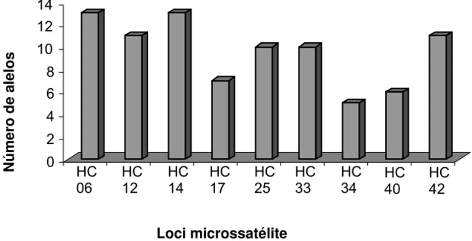 Figura 5 - Número de alelos encontrados em cada um dos loci microssatélite analisados 0 2 4 6 8 10 12 14Número de alelosHC 06 HC12 HC 14 HC 17 HC 25 HC 33 HC 34 HC40 HC42 Loci microssatélite 