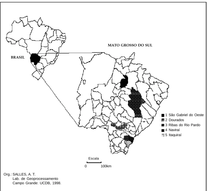 Figura 1: Mapa de Mato Grosso do Sul apresentando os cinco municípios com maiores áreas de Reserva Florestal Degradada.