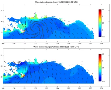 Fig. 7. Computed wave induced surge for Ivan and Katrina at two distinct times.