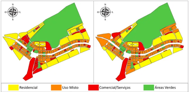 Figura 2: Plano de ocupação do uso do solo para Águas Claras, como projetado em  1992 (à esquerda) e plano de ocupação como elaborado em 2016 (à direita)