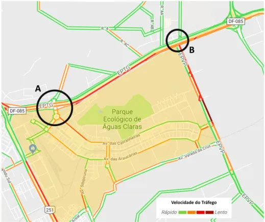 Figura 3: Trânsito nos principais acessos a Águas Claras, às 7h30 da manhã  de uma terça-feira típica (adaptada de Google Maps) 