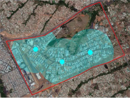 Figura 4: Em vermelho, os limites da região de Águas Claras Vertical; destacadas em  azul, estações de metrô; na transparência em azul, as áreas de influência de cada 