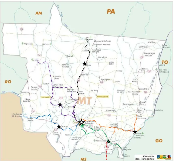 Figura 1 - Pesquisa de Campo: trajetos das viagens ao interior do Estado de Mato Grosso