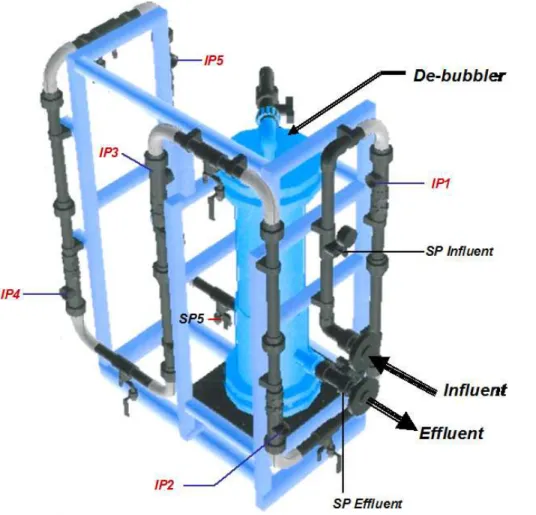 Figure 1. Peroxone loop reactor with injection points (IPs), sample points (SPs) and de-bubbler contact chamber.
