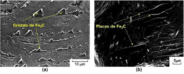 Figura 3.5 – (a) Cristais de cementita com morfologia dente-de-serra (“saw-tooth”) nucleada  sobre um contorno de grão austenítico de um aço SAE 5160, com 0,031% em peso de P