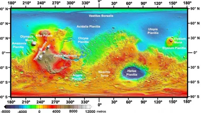 Figura 2.4 Mapa da topografia global de Marte, em projecção rectangular, obtido a partir dos dados de MOLA