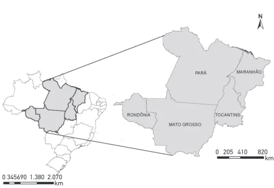 Figura 1. Área de estudo: todos os municípios dos Estados de Mato Grosso, do Tocantins, de  Rondônia, do Pará e do Maranhão.