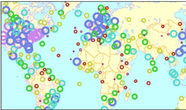 Figura 1: Detalhe de um  Cybermap ilustrando a quantida- quantida-de quantida-de hosts no ano quantida-de 1999