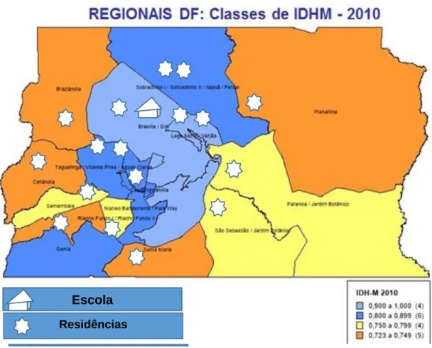 Figura 2 Localização geográfica da escola e as residências dos participantes do  estudo,  dentro  das  Regionais  do  DF,  relativo  ao  Índice  de  Desenvolvimento  Humano Metropolitano (50)  