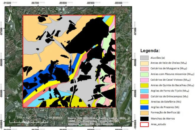 Figura 19- Sobreposição das manchas de aterros, inventariadas por Vasconcelos (2011), à Carta Geológica atualizada da  área de estudo