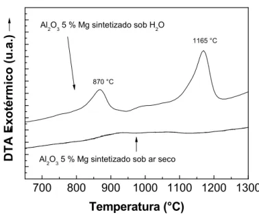 Figura 4.3 - Curva de DTA das amostras de Al 2 O 3  contendo 5 mol% Mg  sintetizadas pelo método dos precursores poliméricos em atmosfera seca e 