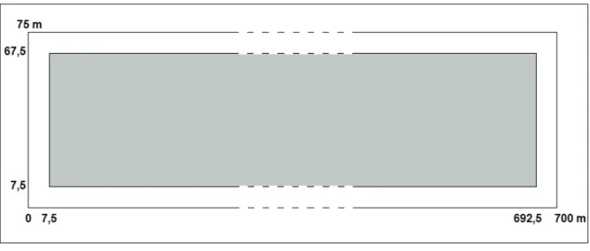 Figura 3.1 – Tamanho e forma da parcela de estudo do incremento diam´etrico. A ´area em cinza cont´em as ´arvores que foram utilizadas para o ajuste do modelo, enquanto que, as