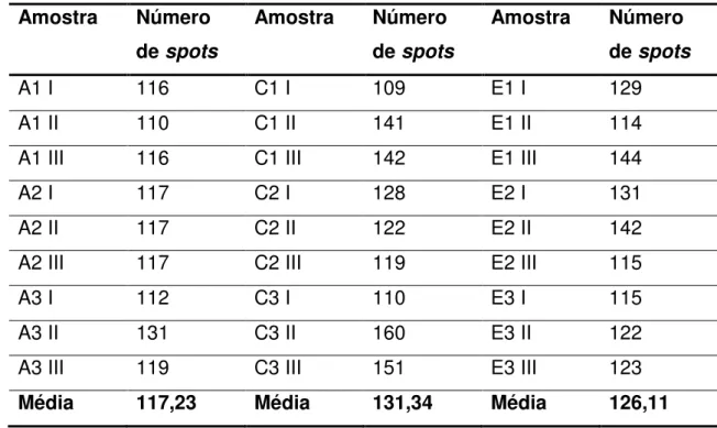 Tabela 6 - Número de spots detectados nas amostras de soja transgênicas.  