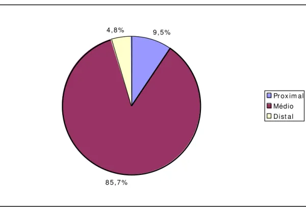 Gráfico 2 – distribuição dos pacientes do grupo I, de acordo com a  localização da dor  9 , 5 % 8 5 , 7 %4 , 8 % Pr ox im alMédioDist al