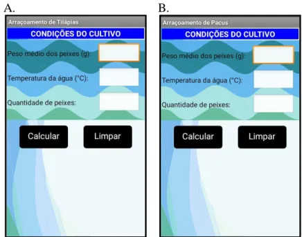 Figura 2. Tela para o cálculo de arraçoamento de tilápias (A) e pacus (B). 