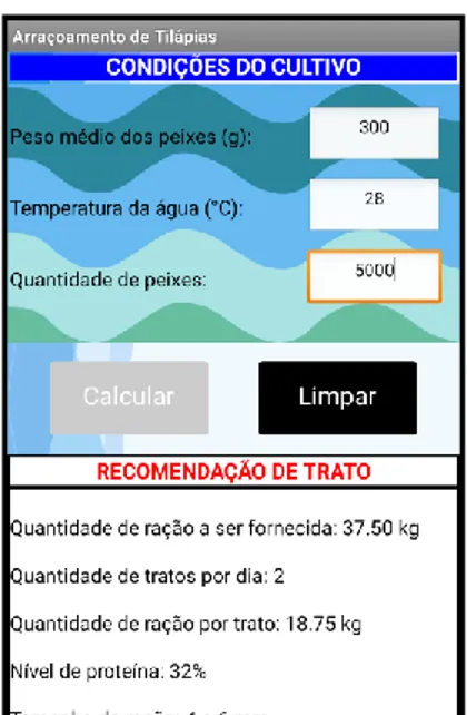Figura 5. Relatório com as informações para o arraçoamento de tilápias exibido pelo aplicativo AquiNutri