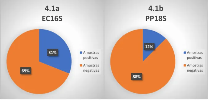 Figura 4.1: a) Percentagem de amostras que apresentaram resultados positivos para a pesquisa de agentes patogénicos com  os  primers  EC16S_F  /  EC16S_R