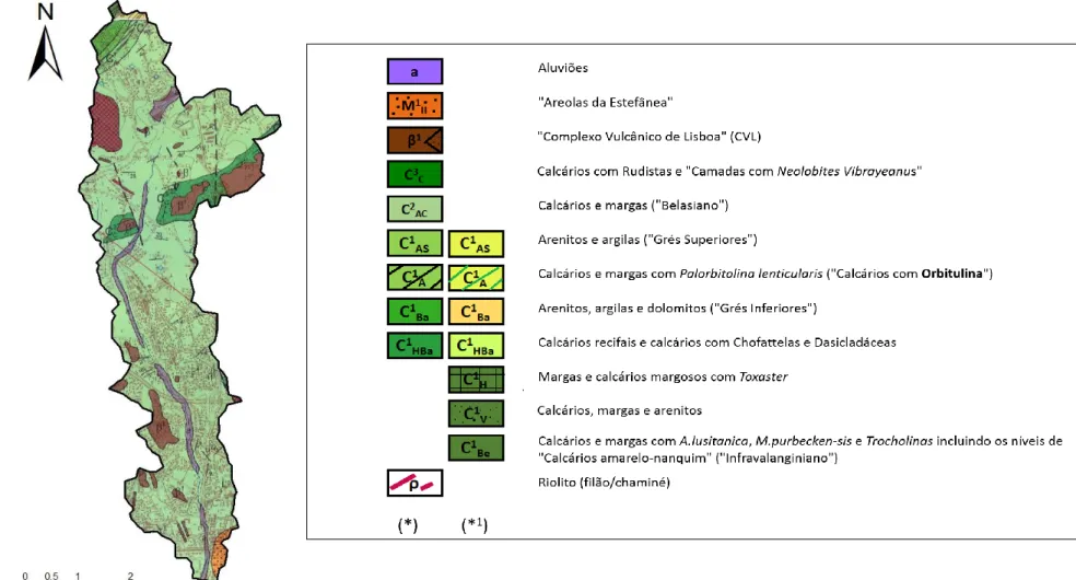 Figura II. 4 - Geologia da bacia hidrográfica da Ribeira das Marianas representada nas cartas 34-C (Cascais) (*) e 34-A (Sintra) (*1) à escala de 1:50000